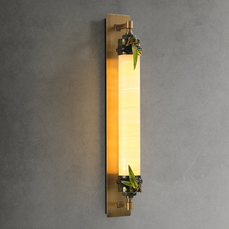 Chinese Cylindrical Brass Jade LED Wall Sconce Lamp