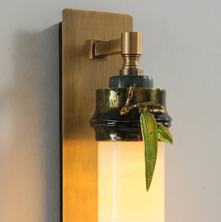 Chinese Cylindrical Brass Jade LED Wall Sconce Lamp
