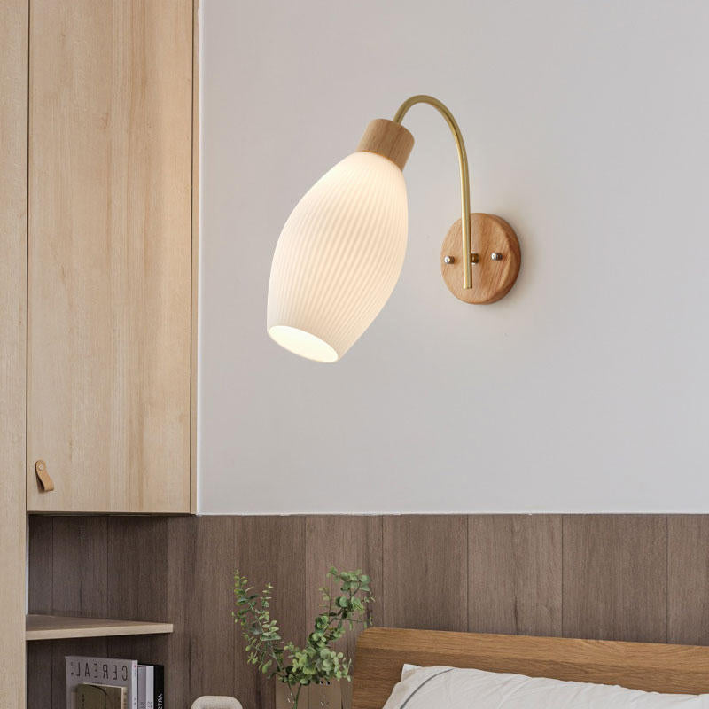 Geometric Rubberwood Glass 1-Light Wall Sconce Lamp