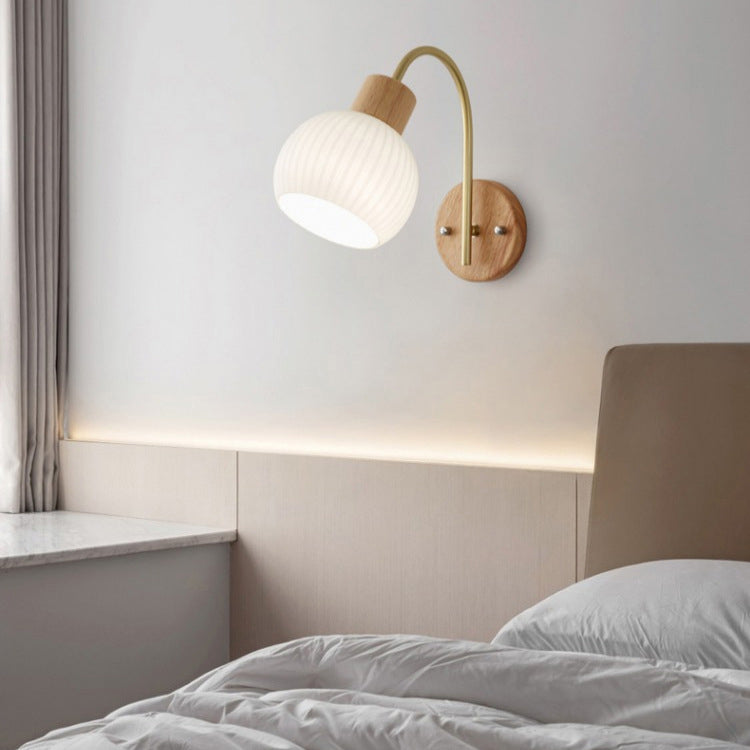 Geometric Rubberwood Glass 1-Light Wall Sconce Lamp
