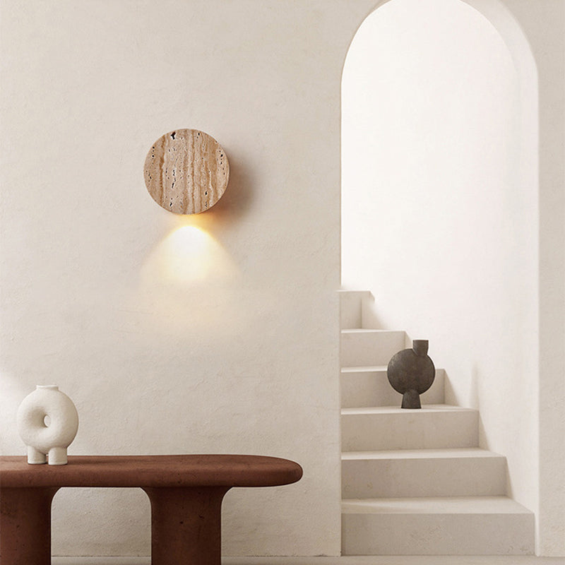 Minimalist Round Yellow Travertine 1-Light Wall Sconce Lamp