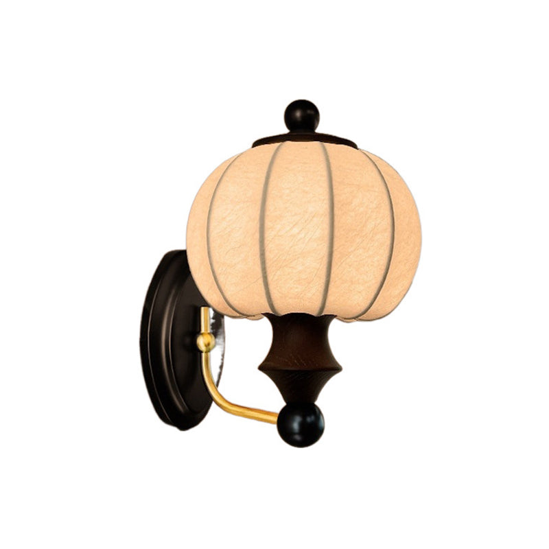 Round Ash Wood Faux Silk 1-Light Wall Sconce Lamp
