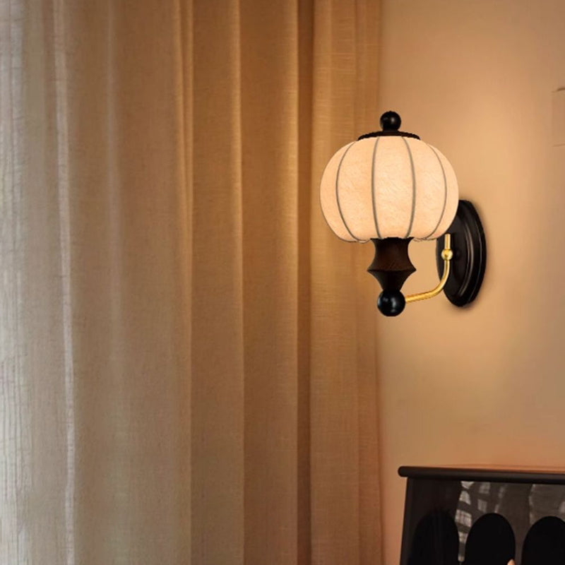 Round Ash Wood Faux Silk 1-Light Wall Sconce Lamp