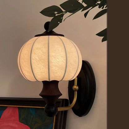 Round Ash Wood Faux Silk 1-Light Wall Sconce Lamp