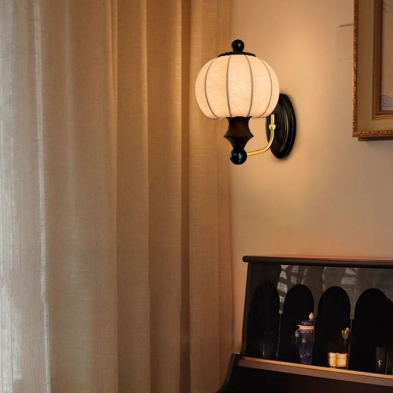 Round Ash Wood Faux Silk 1-Light Wall Sconce Lamp