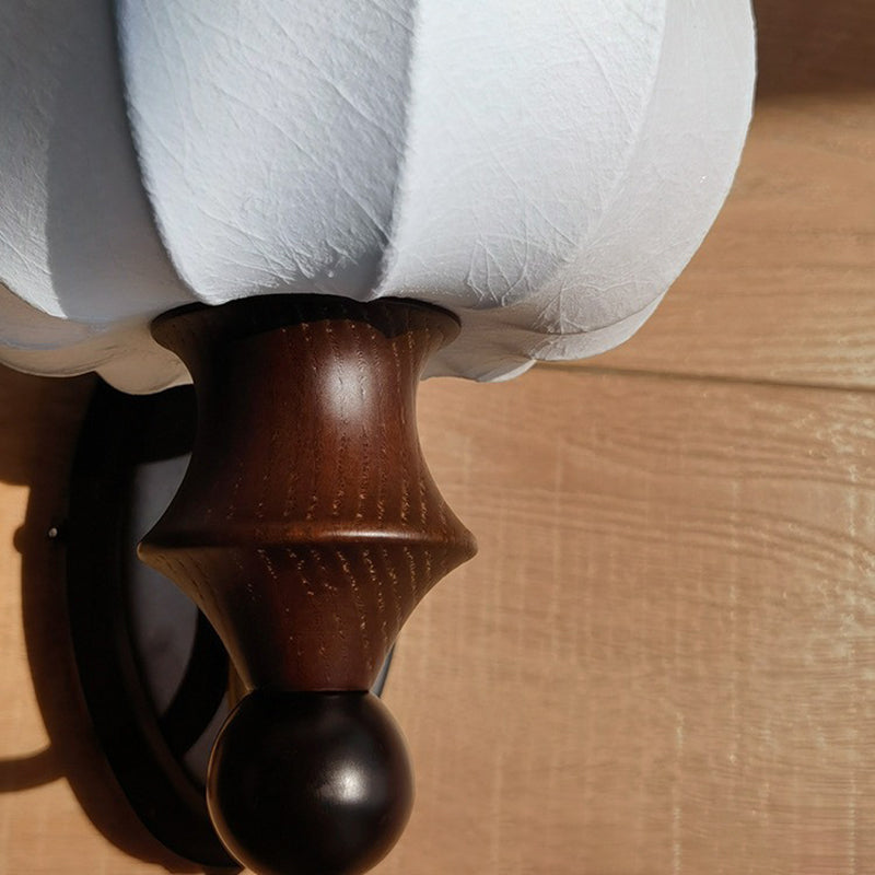 Round Ash Wood Faux Silk 1-Light Wall Sconce Lamp