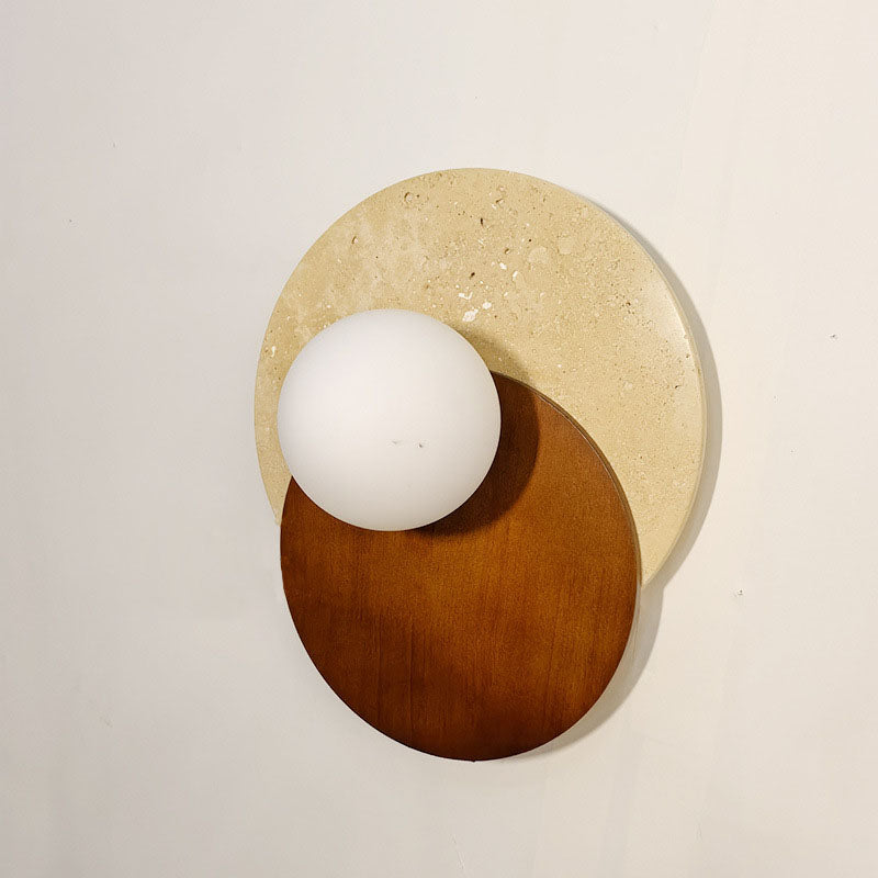 Japanese Glass Wood Round 1-Light Wall Sconce Lamp