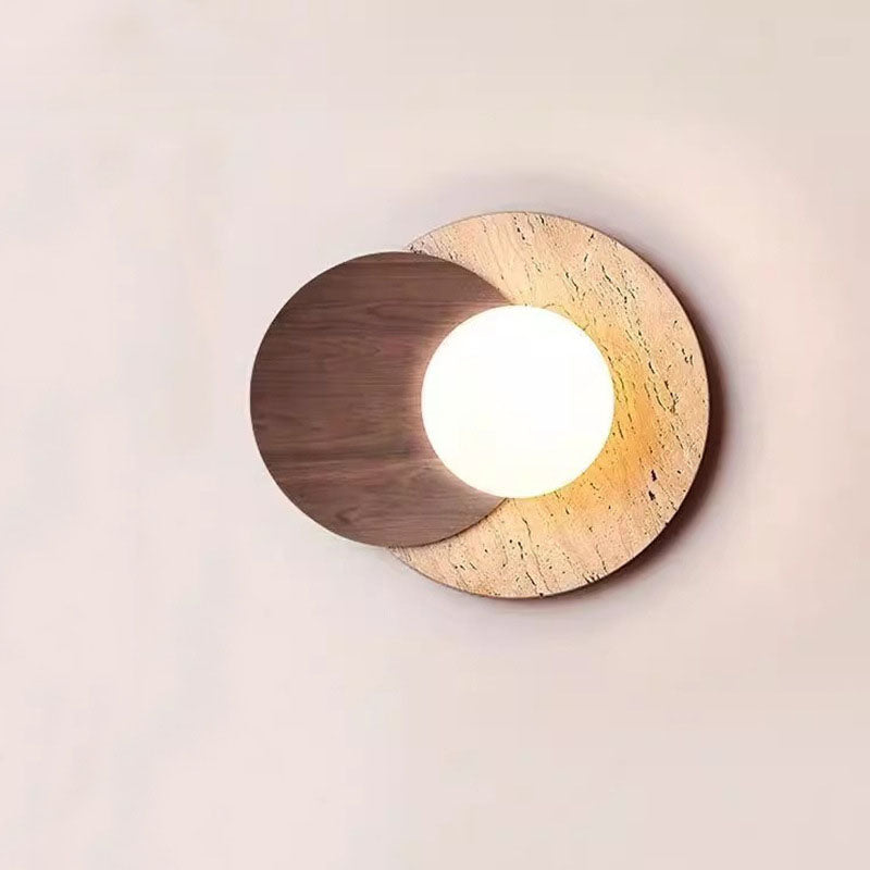 Japanese Glass Wood Round 1-Light Wall Sconce Lamp