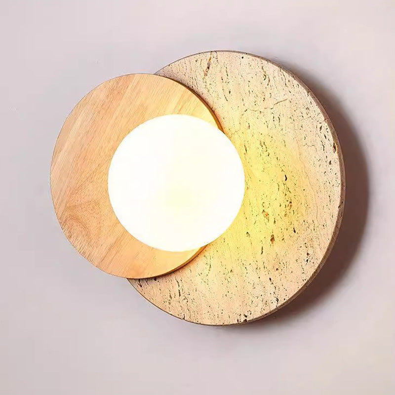 Japanese Glass Wood Round 1-Light Wall Sconce Lamp