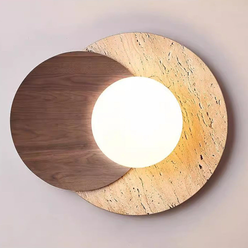 Japanese Glass Wood Round 1-Light Wall Sconce Lamp
