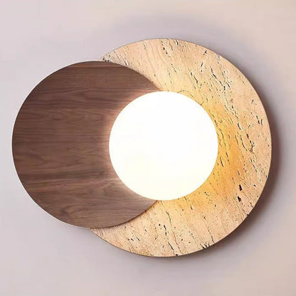Japanese Glass Wood Round 1-Light Wall Sconce Lamp