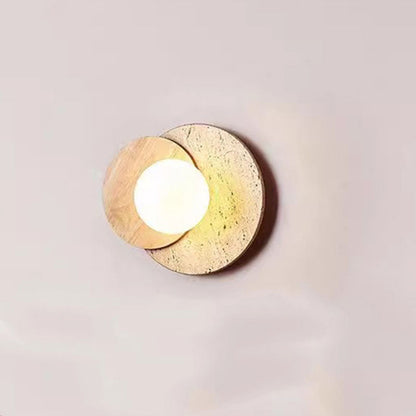 Japanese Glass Wood Round 1-Light Wall Sconce Lamp