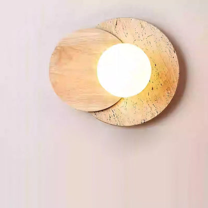 Japanese Glass Wood Round 1-Light Wall Sconce Lamp