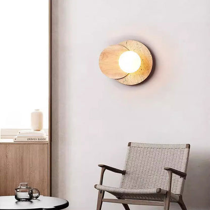 Japanese Glass Wood Round 1-Light Wall Sconce Lamp
