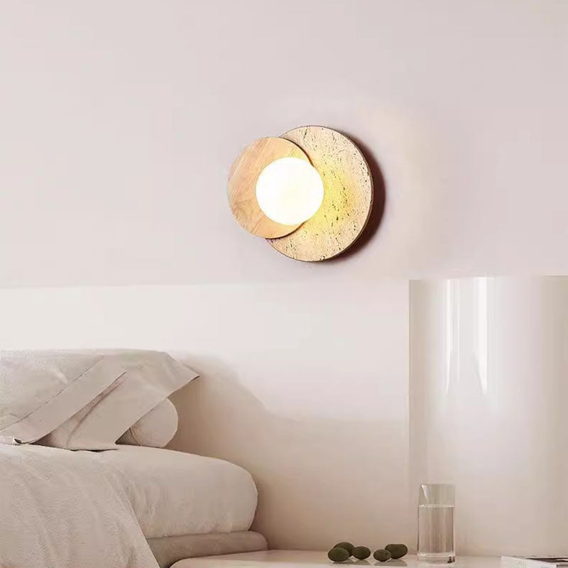 Japanese Glass Wood Round 1-Light Wall Sconce Lamp