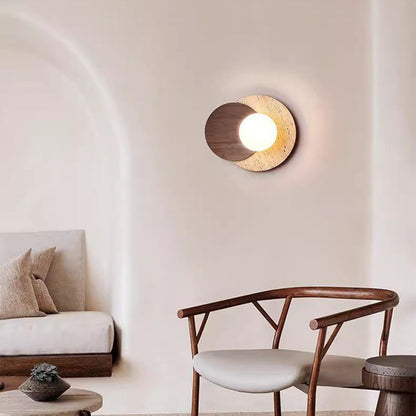 Japanese Glass Wood Round 1-Light Wall Sconce Lamp