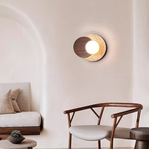 Japanese Glass Wood Round 1-Light Wall Sconce Lamp