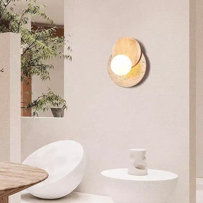 Japanese Glass Wood Round 1-Light Wall Sconce Lamp