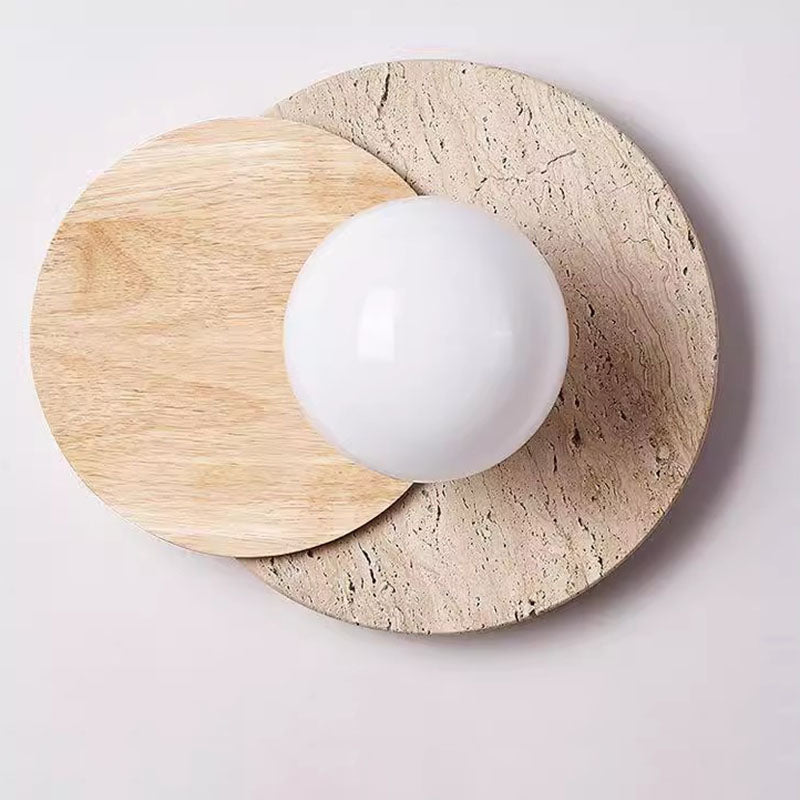 Japanese Glass Wood Round 1-Light Wall Sconce Lamp