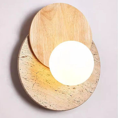 Japanese Glass Wood Round 1-Light Wall Sconce Lamp