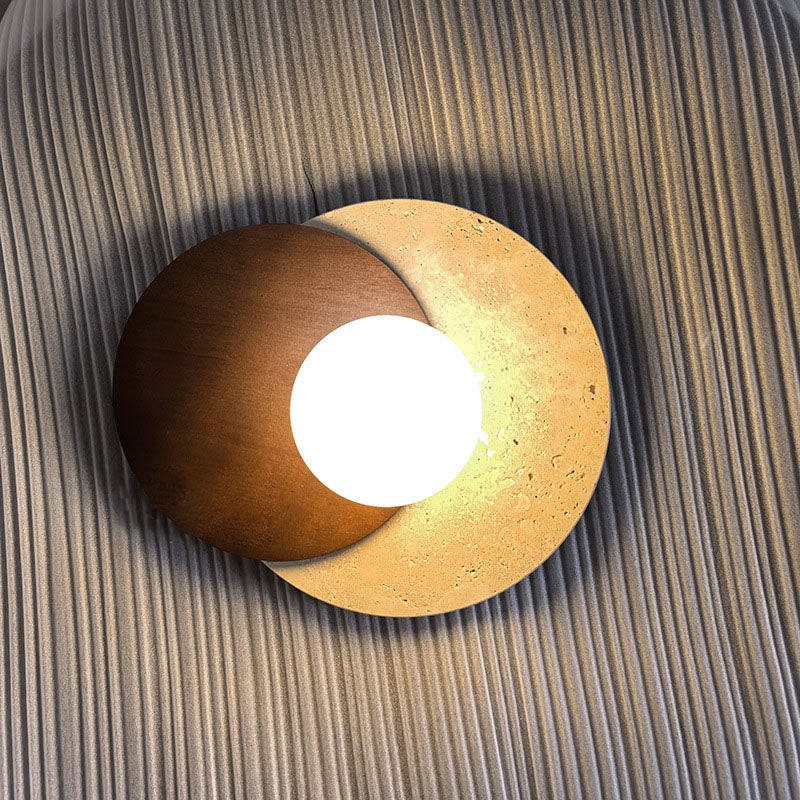 Japanese Glass Wood Round 1-Light Wall Sconce Lamp
