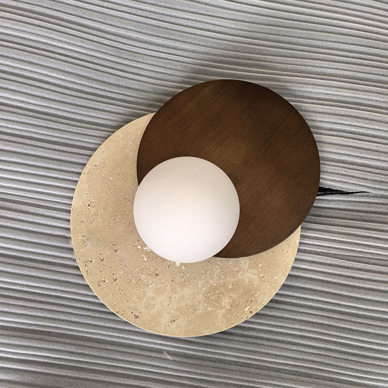 Japanese Glass Wood Round 1-Light Wall Sconce Lamp