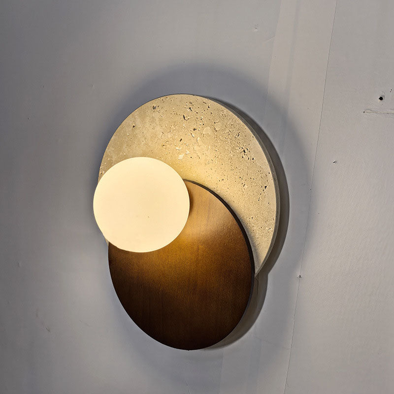 Japanese Glass Wood Round 1-Light Wall Sconce Lamp