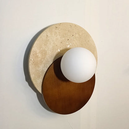 Japanese Glass Wood Round 1-Light Wall Sconce Lamp