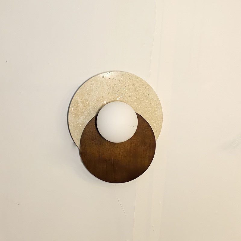 Japanese Glass Wood Round 1-Light Wall Sconce Lamp