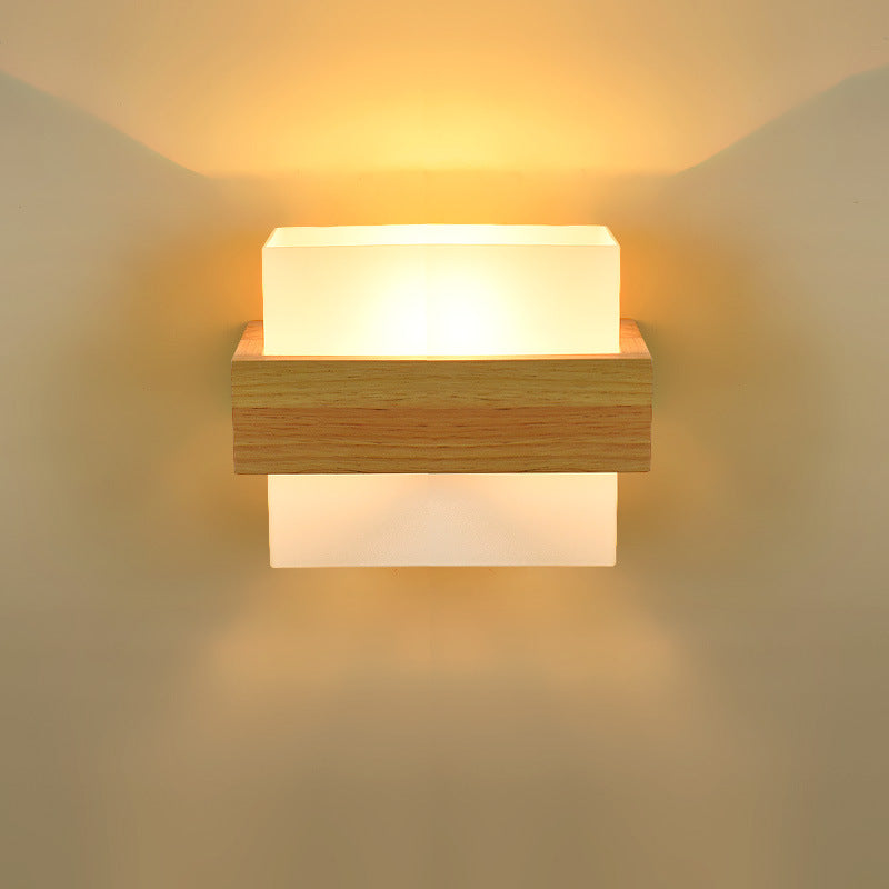 Minimalist Wood Glass Square 1-Light Wall Sconce Lamp