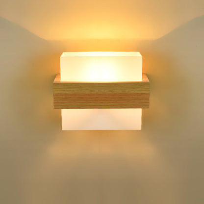Minimalist Wood Glass Square 1-Light Wall Sconce Lamp