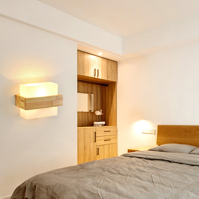 Minimalist Wood Glass Square 1-Light Wall Sconce Lamp