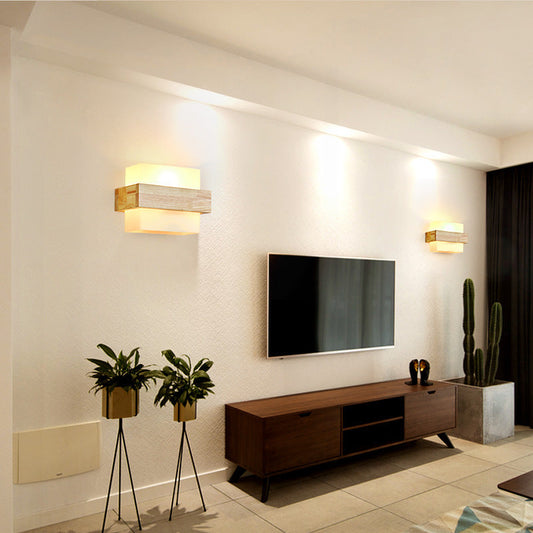 Minimalist Wood Glass Square 1-Light Wall Sconce Lamp