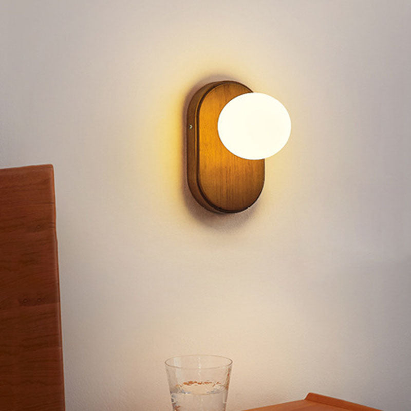 Japanese Wood Glass Round 1-Light Wall Sconce Lamp