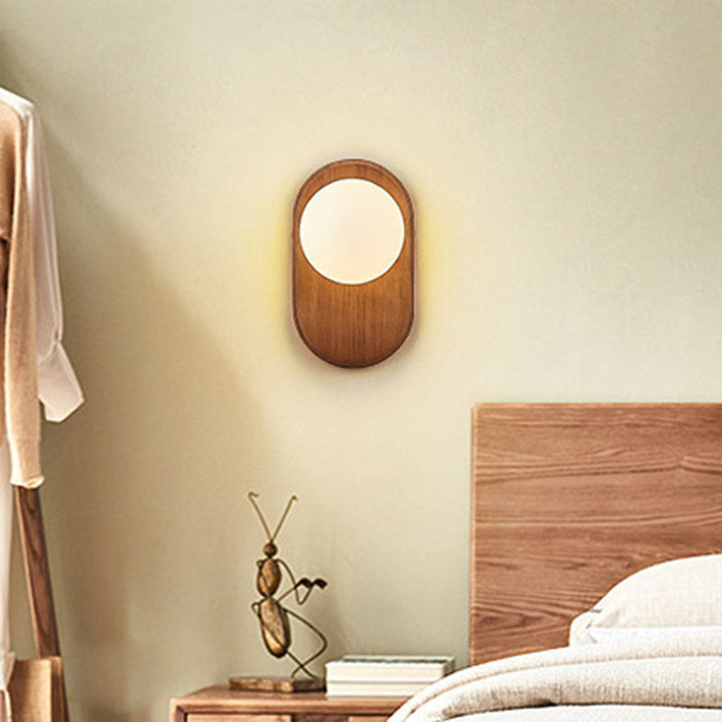Japanese Wood Glass Round 1-Light Wall Sconce Lamp