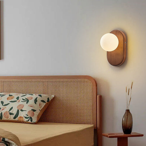 Japanese Wood Glass Round 1-Light Wall Sconce Lamp