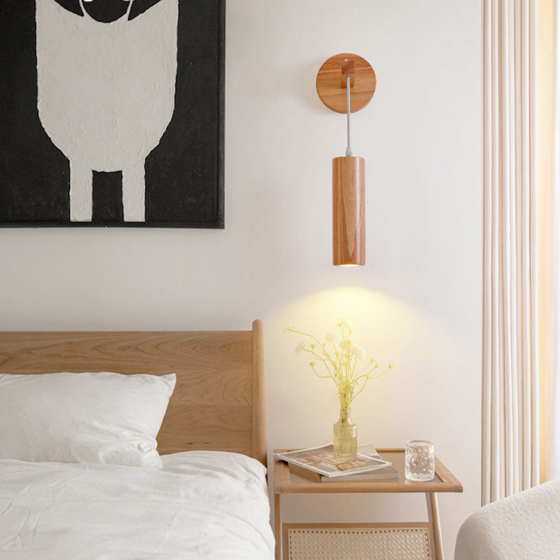 Modern Minimalist Oak Glass Cylinder LED Wall Sconce Lamp