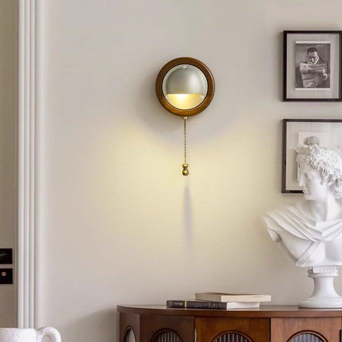 Scandinavian Copper Ash Wood Round 1-Light Wall Sconce Lamp