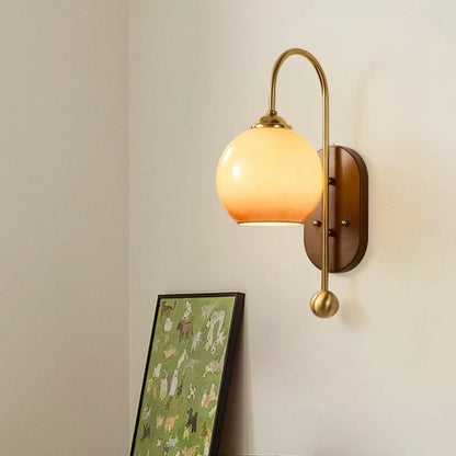 Scandinavian Oak Iron Glass Round 1-Light Wall Sconce Lamp
