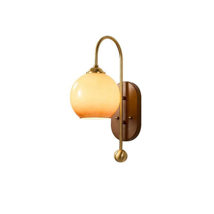 Scandinavian Oak Iron Glass Round 1-Light Wall Sconce Lamp