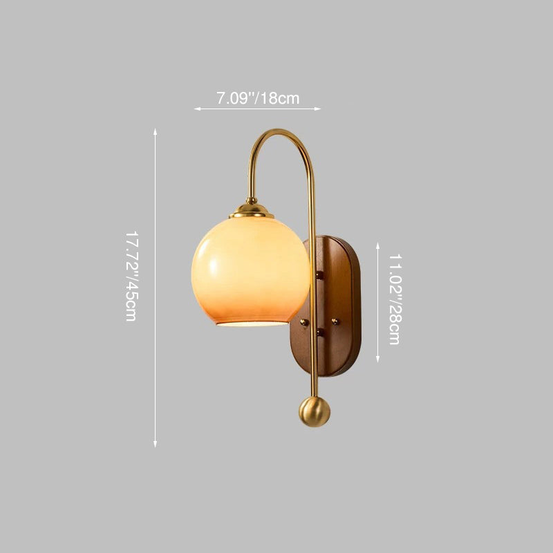 Scandinavian Oak Iron Glass Round 1-Light Wall Sconce Lamp