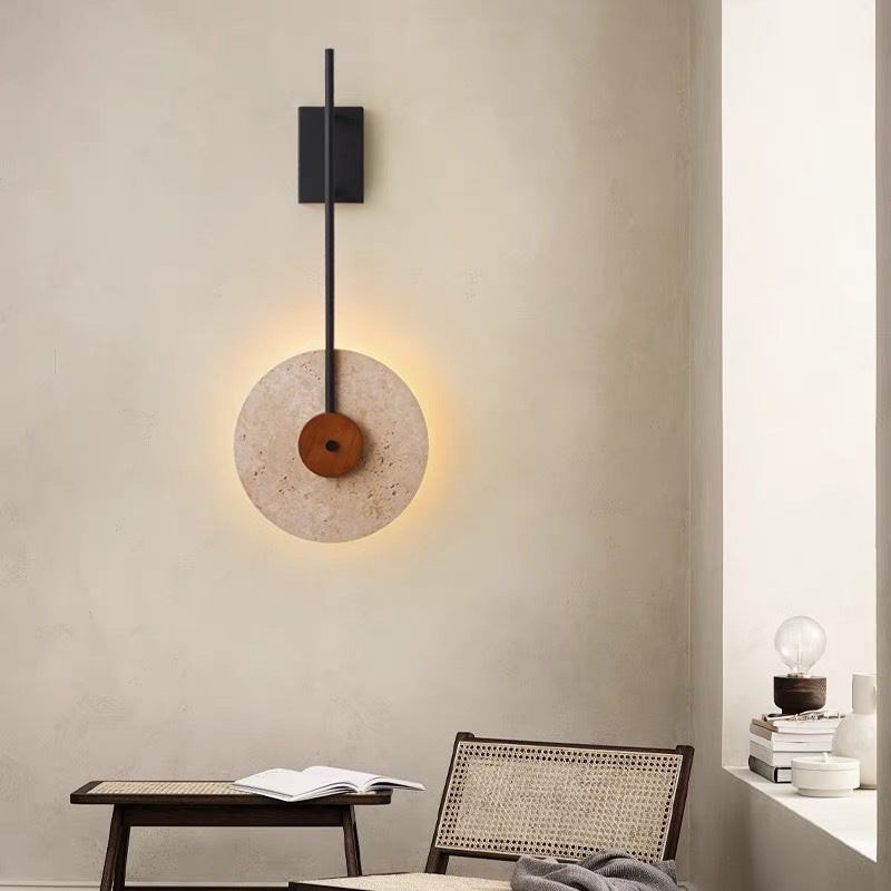 Japanese Walnut Travertine Iron Round LED Wall Sconce Lamp