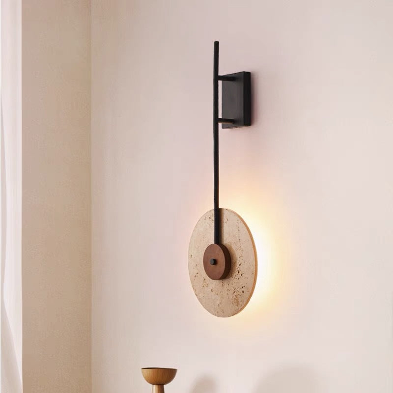 Japanese Walnut Travertine Iron Round LED Wall Sconce Lamp