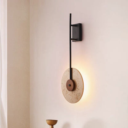 Japanese Walnut Travertine Iron Round LED Wall Sconce Lamp