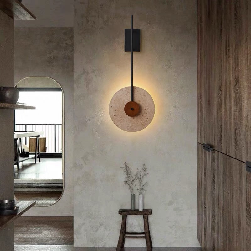 Japanese Walnut Travertine Iron Round LED Wall Sconce Lamp