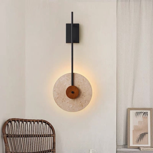 Japanese Walnut Travertine Iron Round LED Wall Sconce Lamp