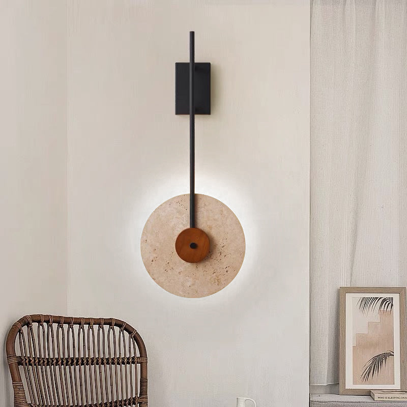 Japanese Walnut Travertine Iron Round LED Wall Sconce Lamp