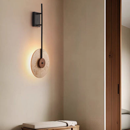 Japanese Walnut Travertine Iron Round LED Wall Sconce Lamp
