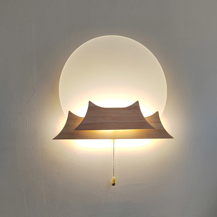 Chinese Round Acrylic Solid Wood LED Wall Sconce Lamp