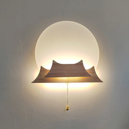 Chinese Round Acrylic Solid Wood LED Wall Sconce Lamp